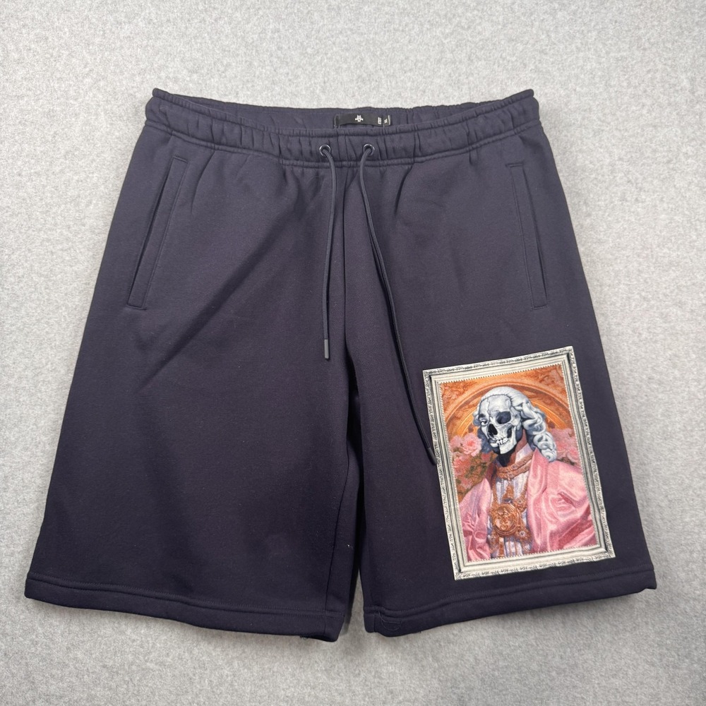 ETNT Fleece Shorts Mens XL‎ Navy Skeleton Portrait Graphic Streetwear Goth NEW